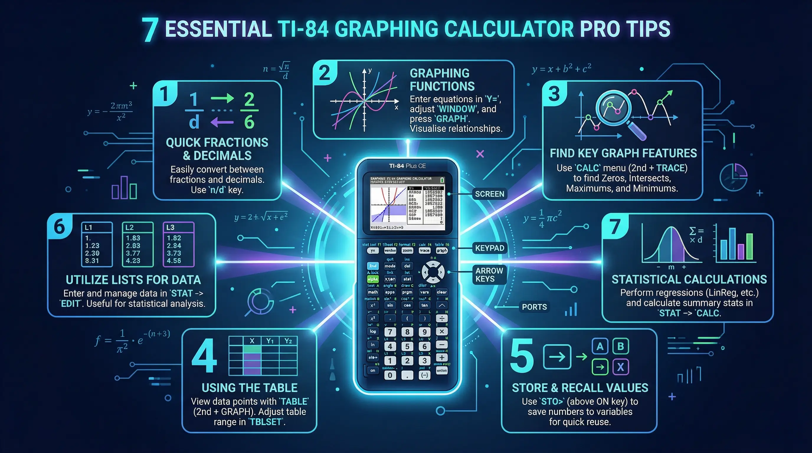 7 TI-84 SAT math tips infographic showing graphing, statistics, and calculator shortcuts