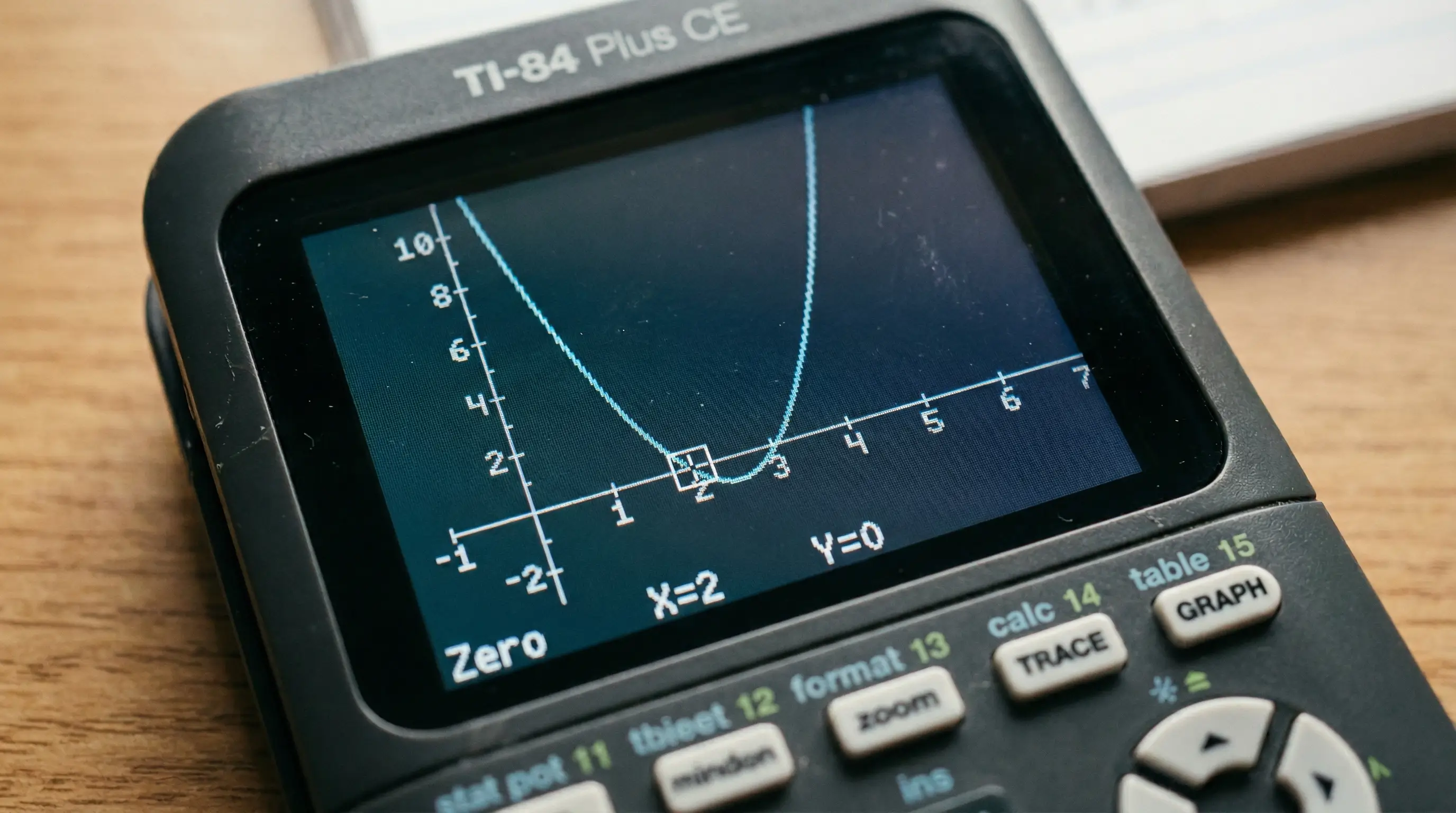 TI-84 Plus CE screen showing zero found at X=2 for the function y = x² minus 5x plus 6