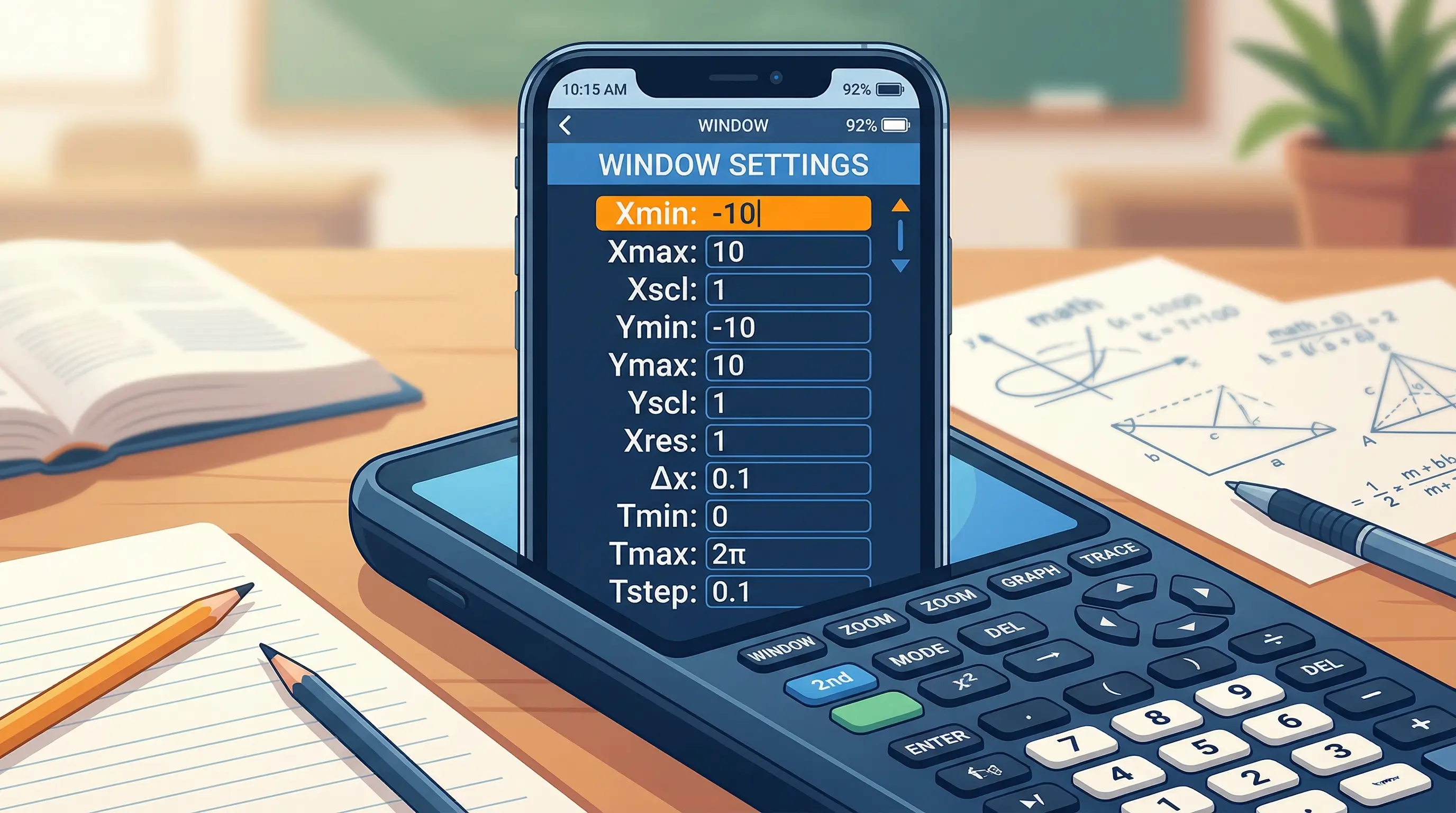 TI-84 Plus CE WINDOW settings screen showing Xmin=-10 Xmax=10 Ymin=-10 Ymax=10