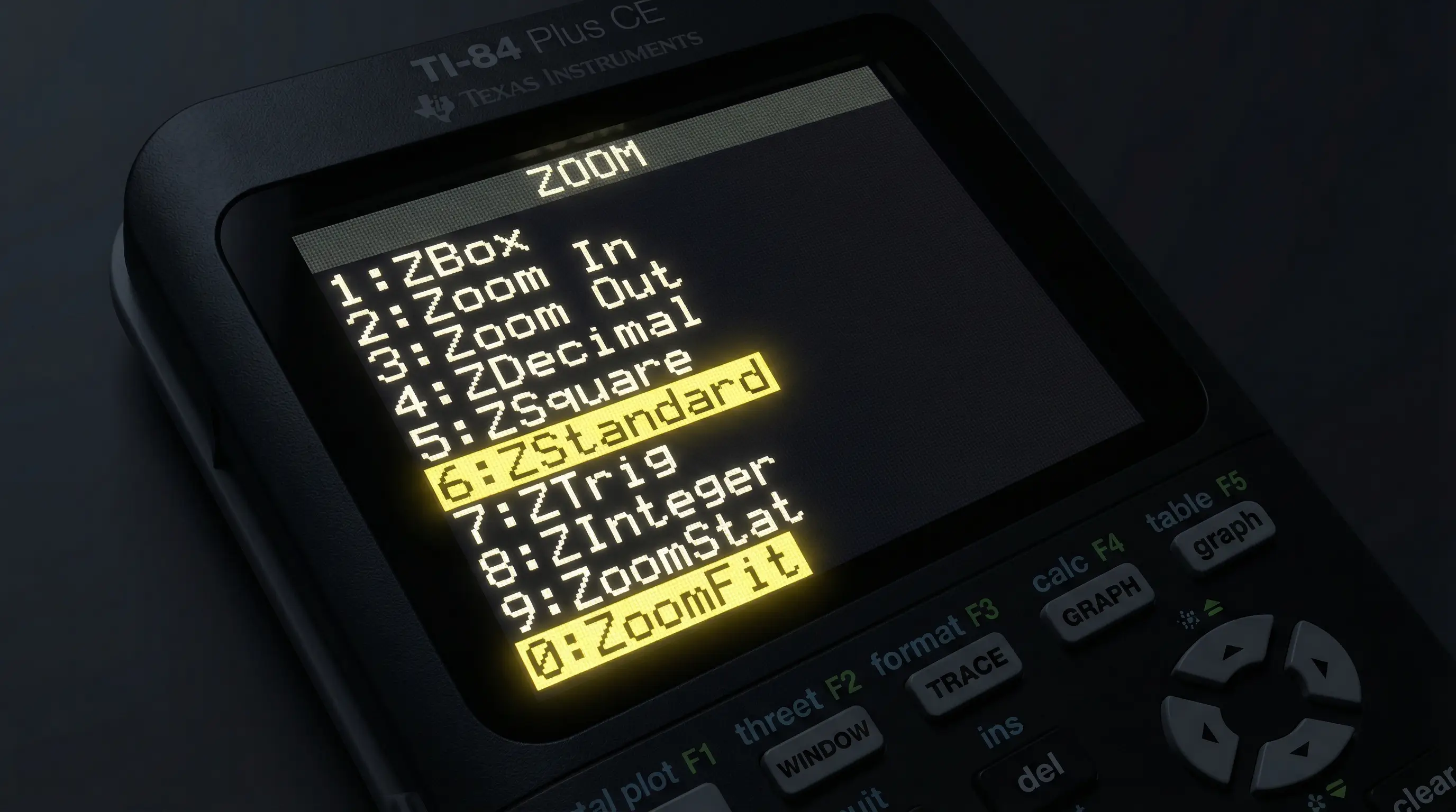 TI-84 Plus CE ZOOM menu showing options including ZStandard and ZoomFit highlighted