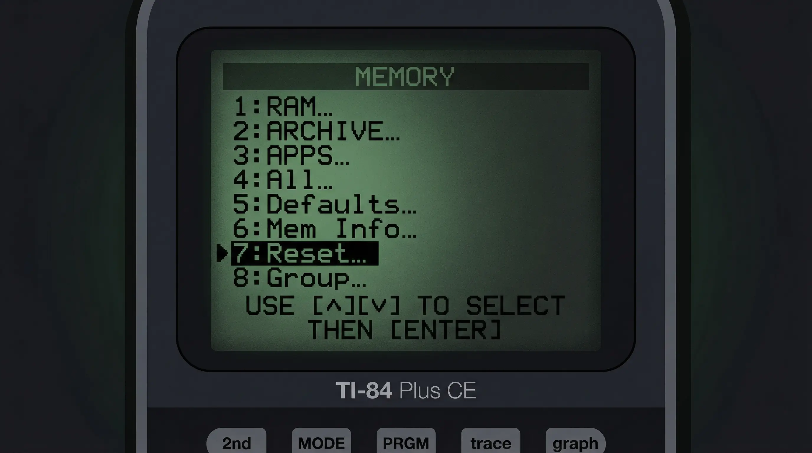 TI-84 Plus CE Memory menu showing option 7 Reset highlighted