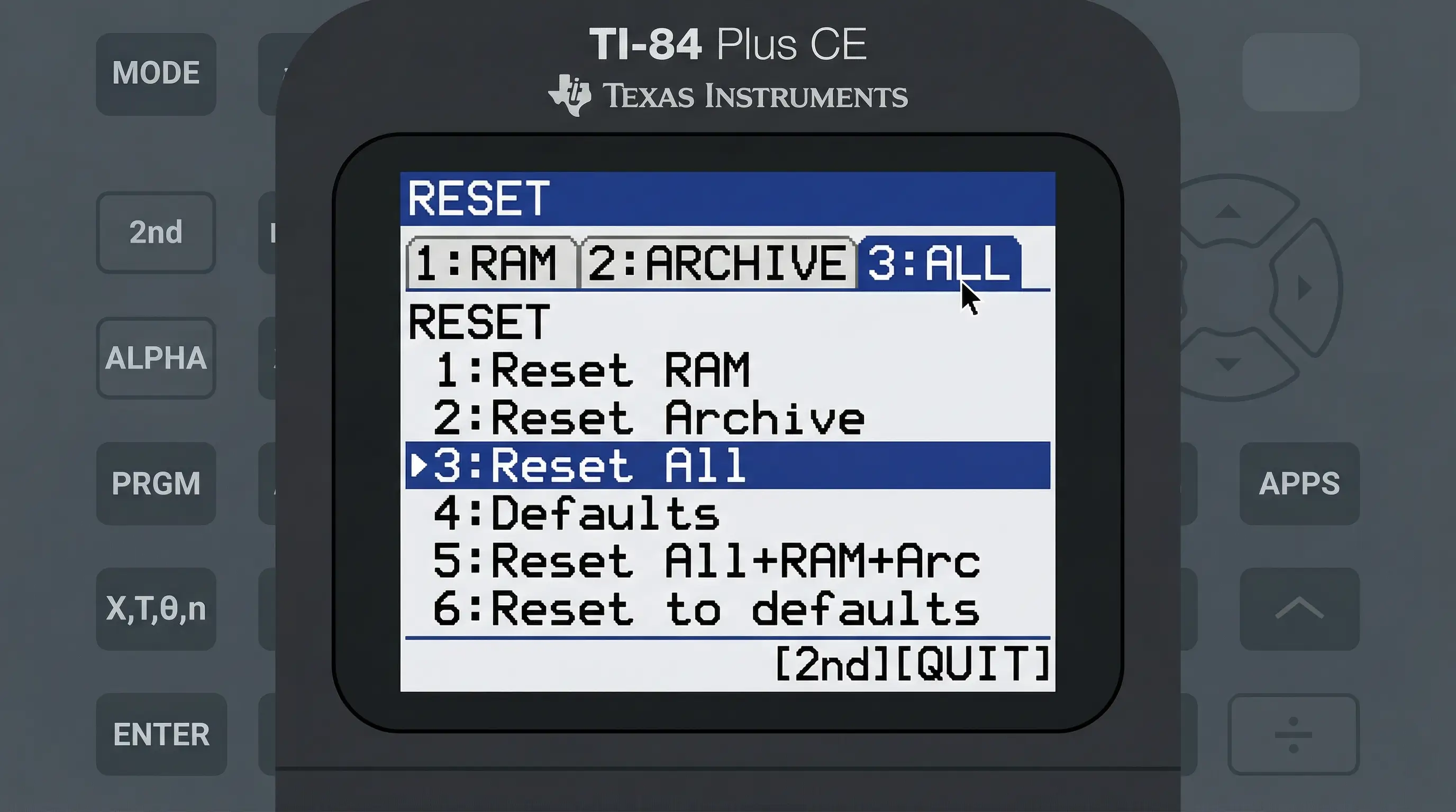 TI-84 Reset menu showing RAM, Archive, and ALL tabs — ALL tab selected for full factory reset