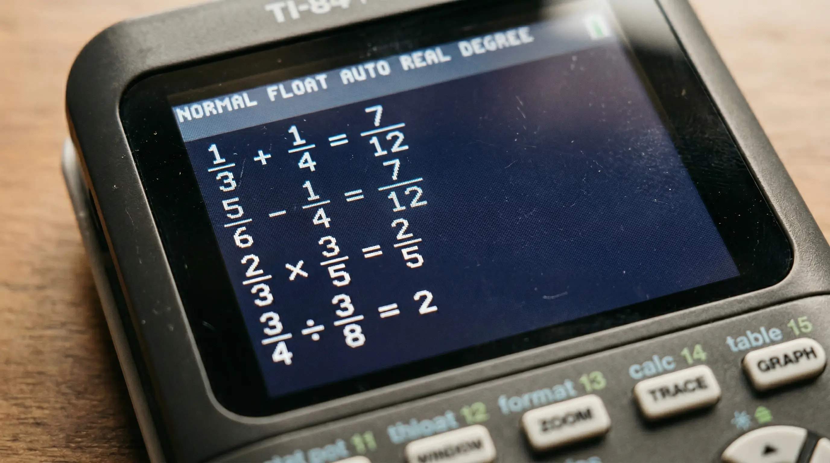 TI-84 Plus CE screen showing four fraction calculations: addition, subtraction, multiplication and division — all with simplified fraction results
