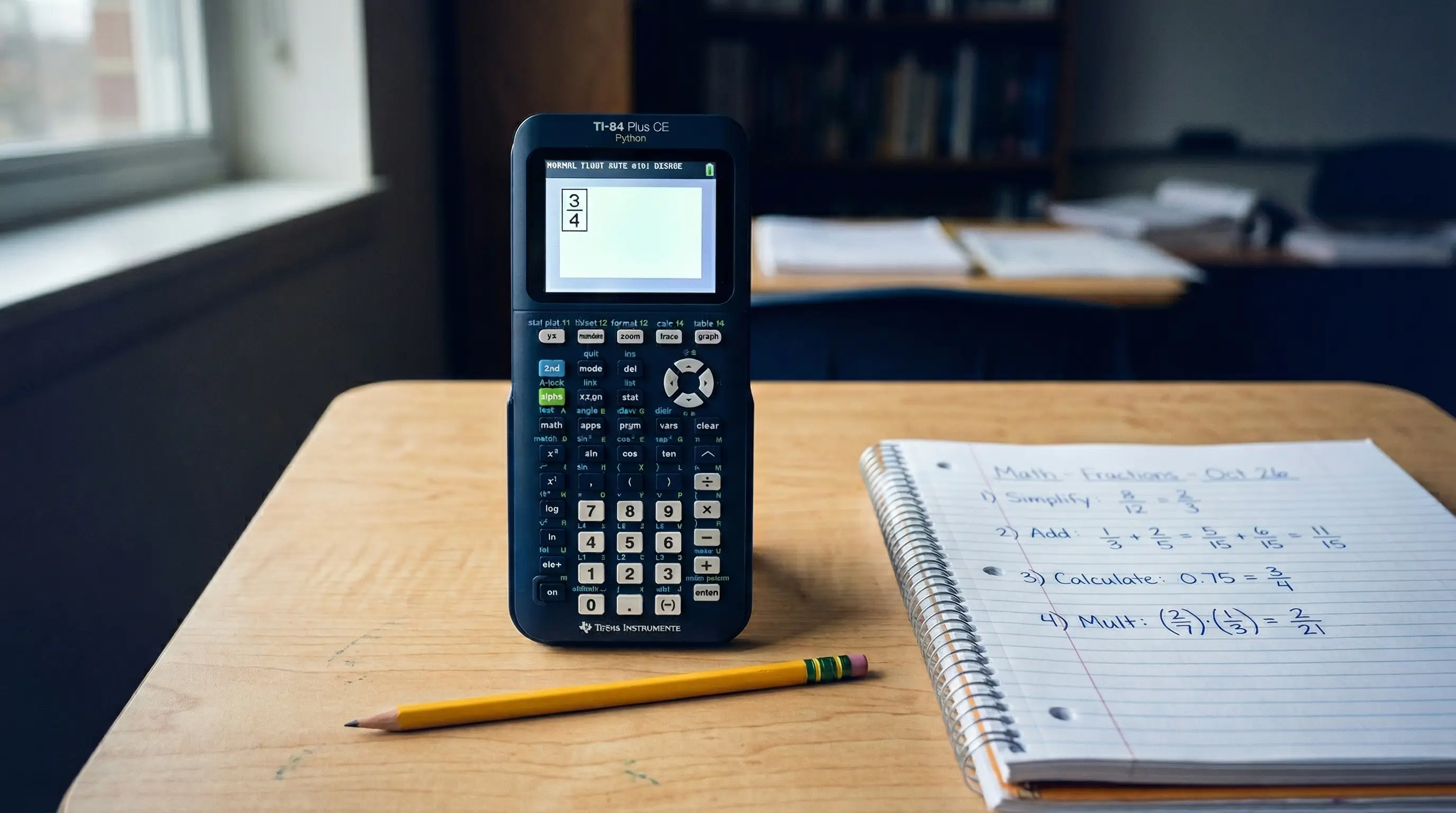TI-84 Plus CE calculator showing the fraction template with 3 over 4 displayed on screen
