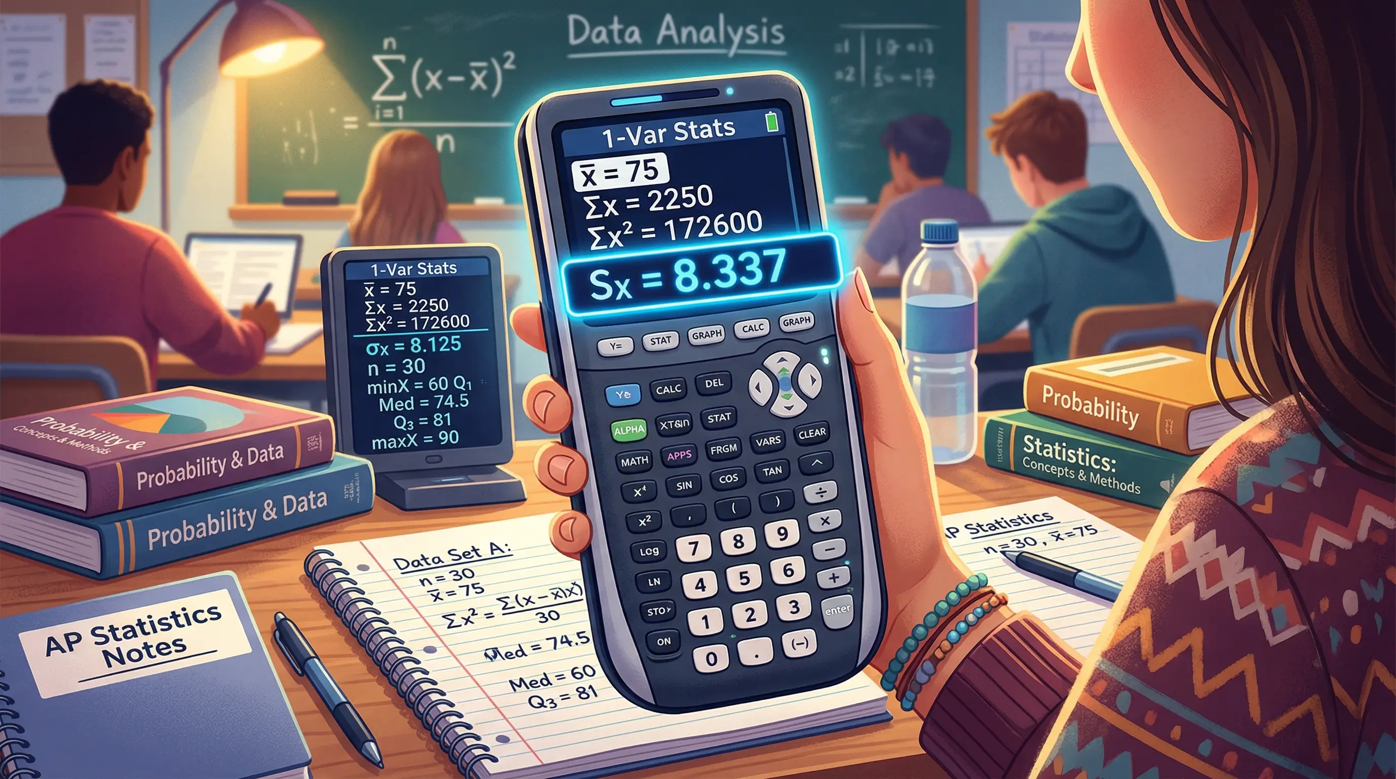 TI-84 Plus CE 1-Var Stats results showing x-bar=75, Sx=8.337 highlighted as sample standard deviation