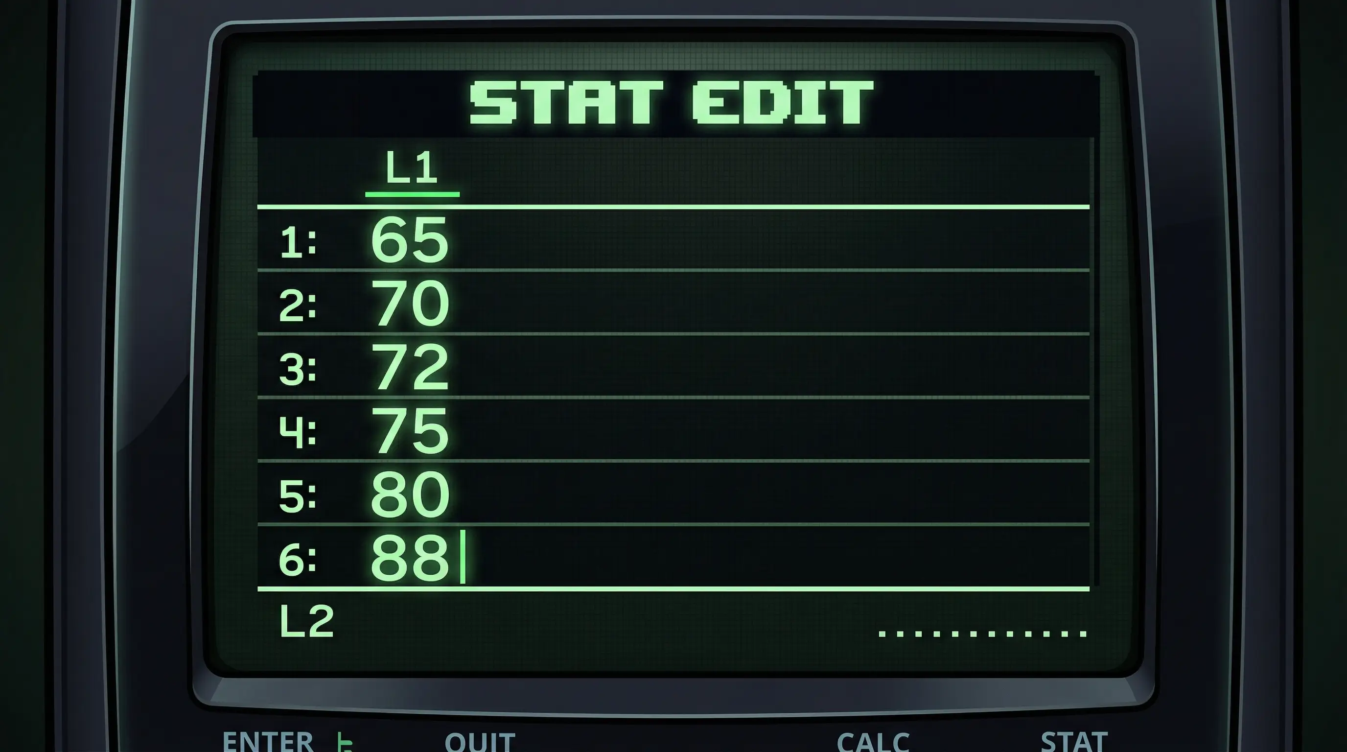 TI-84 Plus CE STAT Edit screen showing data values 65, 70, 72, 75, 80, 88 entered in L1